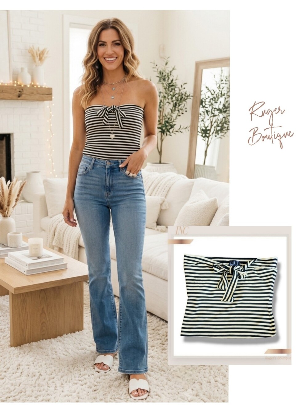 🌿I.N.C. Petites Women's Medium Yellow & Black Striped Bow Knot Tube Top